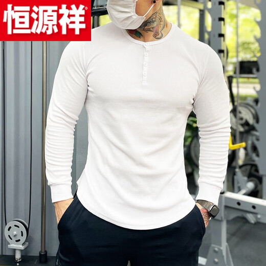 Hengyuanxiang muscle fitness long-sleeved American Henry shirt bottoming shirt men's tough guy Henry collar T-shirt slim sports casual clothes white (M