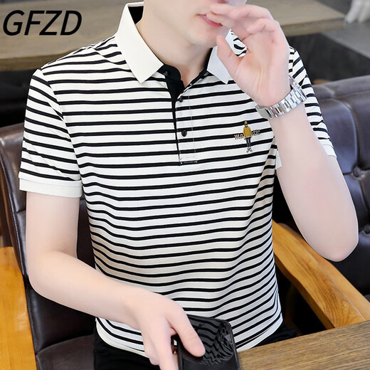 GFZD Light Luxury High-End-Herrenkleidung, sommergestreifte T-Shirt, Herrengeschäftssticke, vielseitig schlankes Fit Polo-Kragen mit kurzärärmern