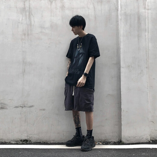 
POUM short-sleeved T-shirt men's summer thin dark European and American high street trendy top printed hip-hop half-sleeved base T-shirt men CWLFS-CL1047 black 2XL