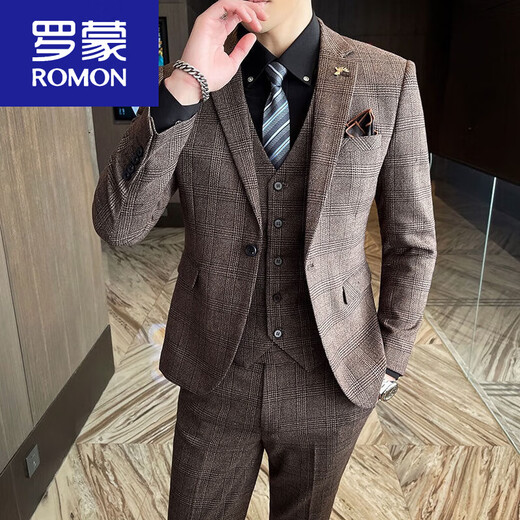 ROMON Suit Men's Slim Casual Business Formal Wear Groom Wedding Dress Plaid Suit Jacket Trend 2017 Gray Plaid Single-piece Suit Top XL 121-135Jin Jin is equal to 0.5 kg