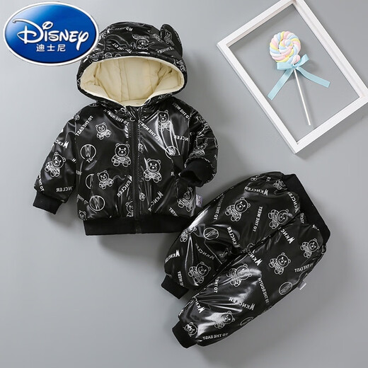 Disney baby winter new children's two-piece down jacket girls winter clothing cartoon baby plus velvet thick warm jacket D glossy cotton suit doll bear white 90