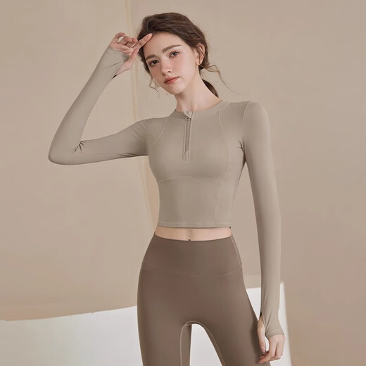 Youyou yoga top spring and summer long-sleeved new running sports women's high-end fitness wear Pilates suit J33009 apricot top + gray pants M (recommended 95-115Jin Jin equals 0.5 kg)
