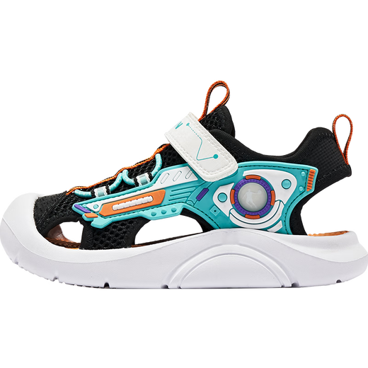 Jordan QIAODAN Children's Shoes Boys Sandals Baotou Beach Shoes 2025 Summer Soft Soled Children's Shoes Children's Sandals Black/Spring River Green Size 28