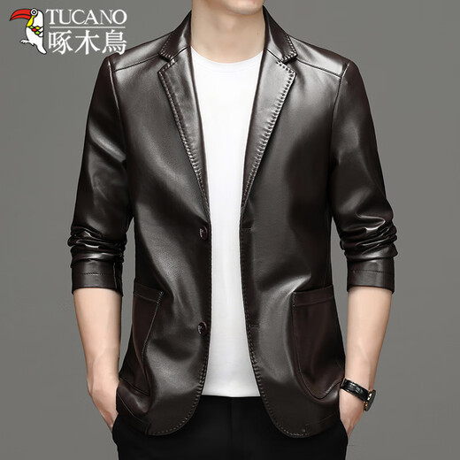 Woodpecker men's leather suit leather jacket imitation leather jacket men's middle-aged and young casual slim leather suit jacket men's clothing 68101 black 180/XL (135-150Jin [Jin equals 0.5 kg])