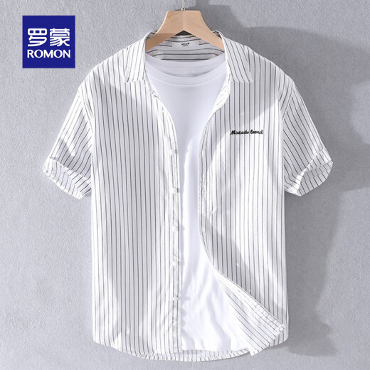 Camisa rayada para hombres Lomon Manija corta Summer suelta delgada japonesa Camisa de algodón versátil ropa de verano ropa 9740 blanca 3xl