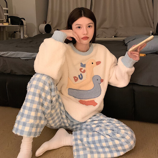 丹俏丽加厚珊瑚绒睡衣女士秋冬季甜美可爱卡通鸭子格子半边绒家居服套装 #m-5009 加厚款 M  75-100斤