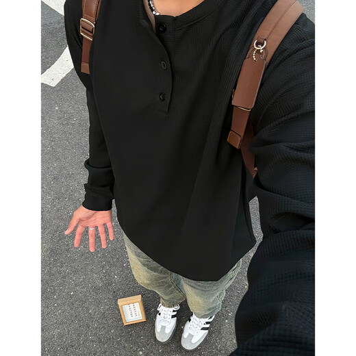 卡图弛美式亨利领长袖t恤男春秋季华夫格痞帅卫衣宽松休闲内搭打底衫男 黑色【常规款】 2XL