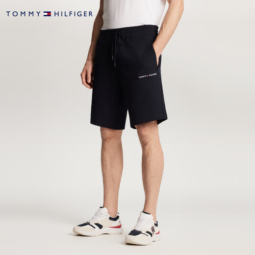 Tommy Hilfiger casual sports spring and summer men's simple and versatile embroidered drawstring fit solid color straight shorts navy blue FAP 2XL