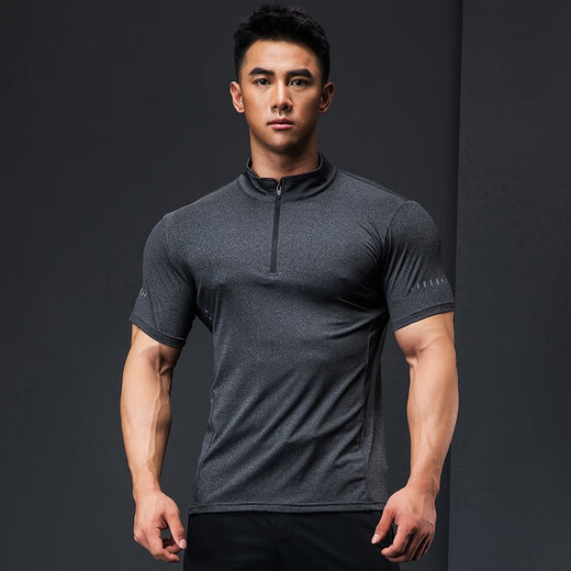 Lutie Dog Fitness Wear Short Sleeve Men's Stand Collar POLO Slim Fit Muscle Showing Quick Drying Breathable High Elasticity Coaching Wear T-Shirt Black XL