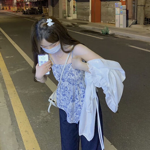 Kaiji Rui Pure Three-Up Women's 2024 Summer Floral Sling White Open Shirt + Denim A-line Skirt Trendy 682# Single Sling L [-110Jin[Jin equals 0.5 kg]]