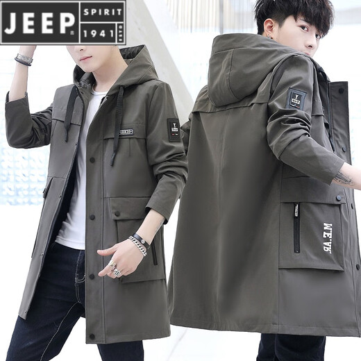 JEEP SPIRIT2023 new spring and autumn mid-length men's windbreaker Korean version slim men's over-the-knee plus velvet thickened jacket 1901 camel XL 175
