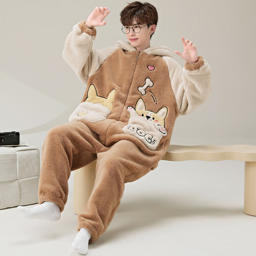 少年情话睡衣男秋冬款加绒加厚珊瑚绒带帽冬天休闲家居服套装可外穿连体衣 YPF3893哈士奇 男3XL(180-210斤)