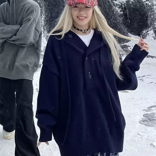 Pull à capuche décontracté américain pour hommes et femmes, style rétro paresseux, ample, pour couple, aiguille, noir XL, nouvelle collection automne et hiver