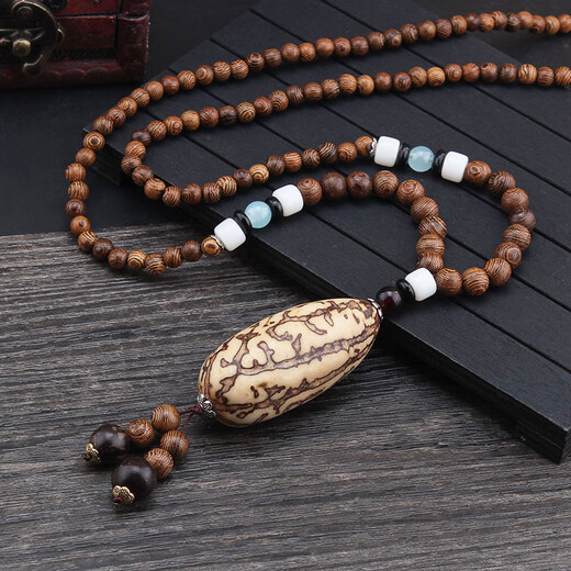 DING FEI ethnic style Rudraksha Bodhi sandalwood pendant long necklace women's Buddhist bead sweater chain men's cotton and linen Tibetan ornaments peace and blessing A29-108