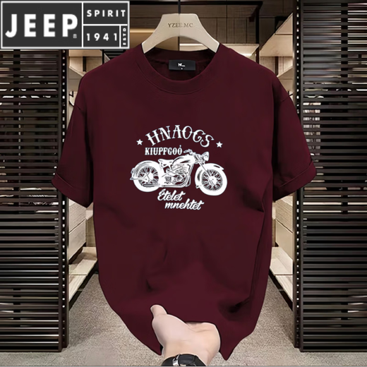 JEEP SPIRIT潮牌棉短袖t恤男夏季2024复古摩托机车印花正肩圆领短袖男T恤 683酒红色 S (建议80-100斤)