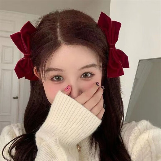 伊莉洛复古黑色丝绒蝴蝶结发夹女后脑勺公主头侧边刘海对夹一字夹发饰品 双层双面绒蝴蝶结边夹-[黑色]2只