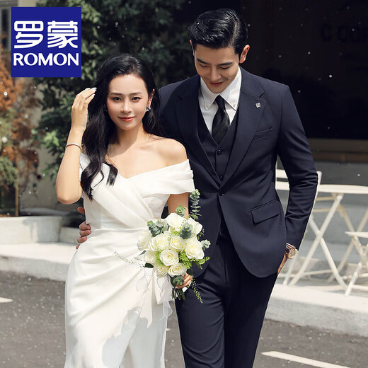 ROMON groom wedding suit men's suit dress British suit three-piece suit Korean version slim business casual professional formal suit TZ850 dark gray one-button suit + trousers + vest XL recommended 125-135 Jin Jin equals 0.5 kg