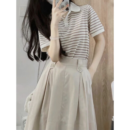 Hanlujiao (hanlujiao) dress for women's summer 2025 new Korean style fashionable temperament slim and age-reducing small person suit skirt summer striped top + apricot skirt M [Suggest 98-108Jin [Jin equals 0.5 kg]]