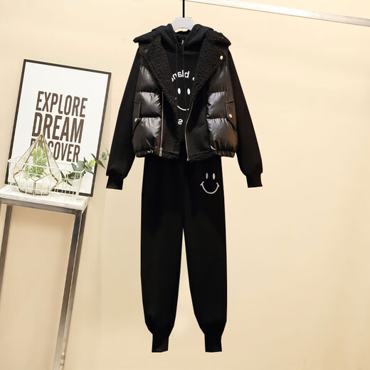 Lisaft Women's 2024 Autumn and Winter New Casual Sports Velvet Thickened Sweater Vest Three-piece Suit 9738# Black Three-piece Suit L