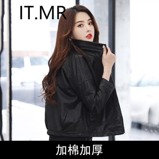 IT.MR Hong Kong trendy brand velvet leather jacket short long-sleeved stand-up collar loose slim casual 2022 autumn and winter new women's versatile Korean style leather jacket black [cotton thickening] L