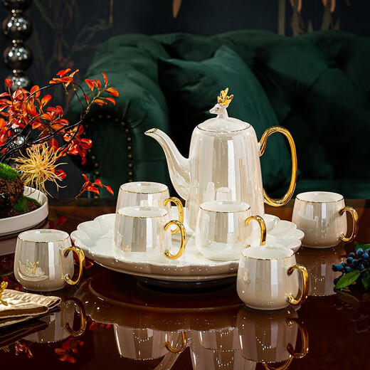 Huangtong Jingdezhen Ceramic Water Set Light Luxury Nordic Style Tea Set High-end High Temperature Living Room Home Water Cup Teapot Teacup I’ll Have You All the Way Pearlescent White Water Set