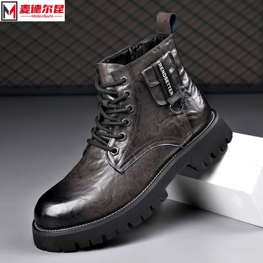 Mideelkun Martin Stiefel neue Männer mit mittlerer Mode-Top-High-Top-Lederschuhe Herrenschuhe Herbst und Winter Kurzstiefel Arbeiten Kleidung Schwarze Lederstiefel 3519 Grau 41