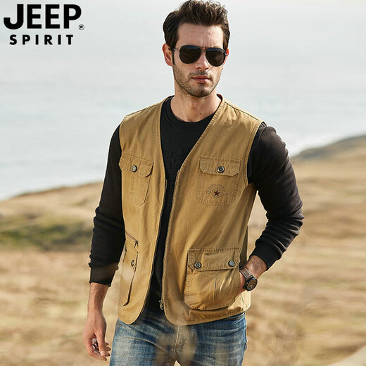 吉普（JEEP）春秋装马甲中年男背心外穿纯棉马夹男多口袋旅行钓鱼无袖外套坎肩 卡其色 M建议体重130左右