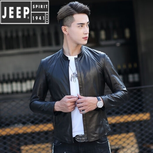JEEP SPIRIT Jeep leather jacket men's trendy handsome slim fit spring, autumn and winter new thin velvet thickened leather jacket L 90-110Jin Jin equals 0.5kg 1985 model black thin.