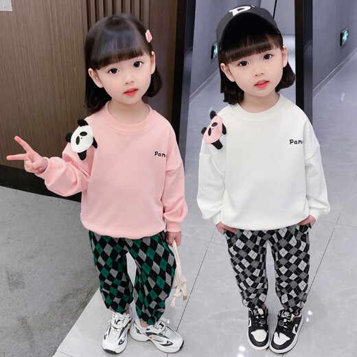 Kimi Rabbit Children's Suit Internet Celebrity Spring Clothing Children's Clothing Baby Girl Spring and Autumn 2022 Fashionable Panda Sweatshirt Plaid Casual Pants Two-piece Set for Children and Middle-aged Children Pink 110cm
