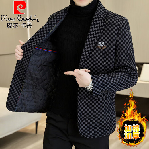 皮尔卡丹春秋季格子毛呢西服男士韩版修身加棉加厚保暖短款呢子小西装外套 加绒 灰色【加厚】 2XL 135-150斤