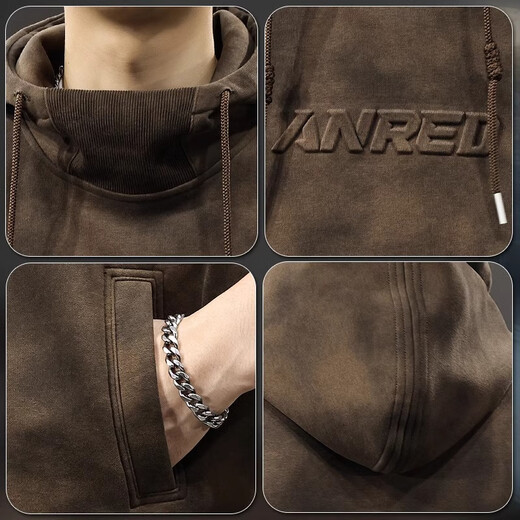 Chaotianshi autumn new style Medela dirty retro hooded sweatshirt men's loose letter stamped autumn and winter thickened long-sleeved jacket dark brown M 100-130Jin Jin equals 0.5 kg