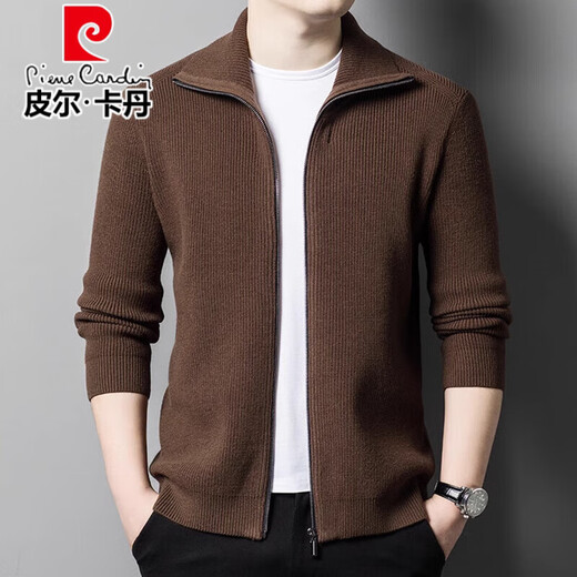 Pierre Cardin wool knitted cardigan for men 100% pure wool 2025 autumn and winter thickened casual lapel zipper sweater jacket for men tea green XL size 175