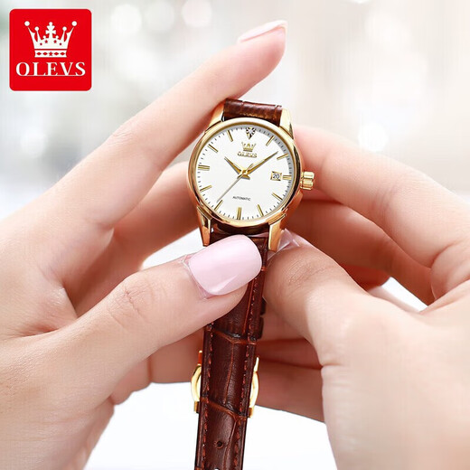 Olevs Swiss Certified Brand Watch Women's Mechanical Watch Полностью автоматические простые темпераментные женские часы высококачественные модные часы Olevs-6629 коричневые кожаные белые лица Женщины