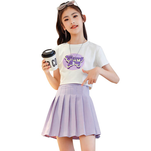 Pitt Pitt Girls Rock Tennis Rock Kinder Sommer Rockhose Große Kinder platzlebende Rockanzug Mädchen JK Weißer Sport kurzer Rock 9889t Shirt + 1566 Pink Short Rock [Anzug] 160 cm