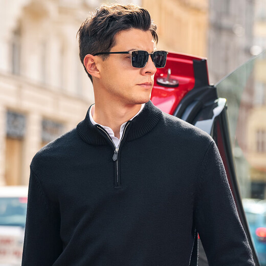 Mr. Bu's stand-up collar half zipper thickened sweater for men 2025 spring and autumn thick woolen sweater BT15507 piano black XL (180)