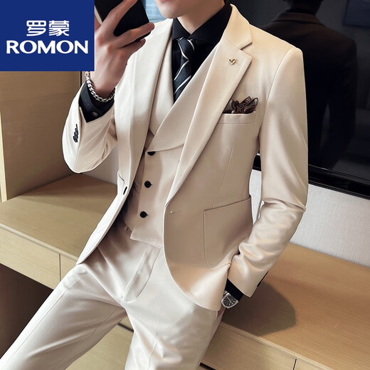 ROMON Groom's Suit Men's Slim Woolen Suit Men's Suit Wedding Dress Khaki Thickened Winter Off-White (Suit + Pants + Vest) Tie M