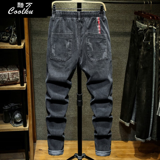 Cool Wan Harun Jeans Men's Loose and Elastic Large Size Plus Fatty Firm Firm Waist Extra Large Size Fatty Pants 300 Jin [Jin equals 0.5 kg] Black 808 5XL [230 Jin [Jin equals 0.5 kg] About]