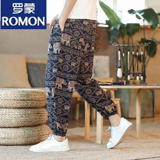 罗蒙（ROMON）亚麻夏季男士裤薄款男人灯笼裤宽松束脚九分哈伦休闲裤大码花裤子 299条纹 棉麻 M 【建议90斤-120斤】