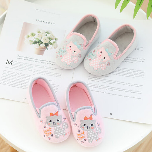 Ruiyang Kindergarten indoor shoes for boys and girls, non-slip indoor shoes, soft sole floor bags, baby children's shoes, home slippers, pink cat 25, inner length 15.85cm