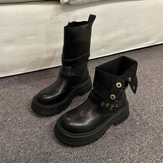 Yupinjia British style Martin boots for women retro mid-tube thick-soled black short boots brown Maillard slimming and heightening short boots black 38
