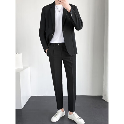 Kaduton New Casual Suit Suit Men's Loose Drape Business Suit Suit Versatile Groomsman Groomsmen Dress Black 19 Suit (Plus Short T) Three-piece Set L 111-130Jin Jin is equal to 0.5 kg