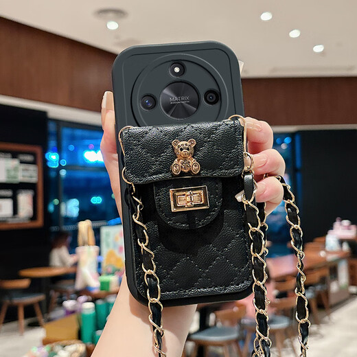 罗璐鸥荣耀X60手机壳斜挎挂绳外壳荣耀X60Pro链条背带硅胶BRC-AN00保护套斜跨零钱卡包防摔全包软壳女款 【白色-菱格小熊卡包款】+斜挎挂绳+屏幕保护膜 荣耀X60 Pro
