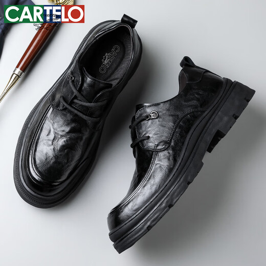 CARTELO men's leather shoes thick-soled hand-scratch pattern anti-wrinkle business casual shoes cowhide breathable lace-up leather shoes men 9946 black 42