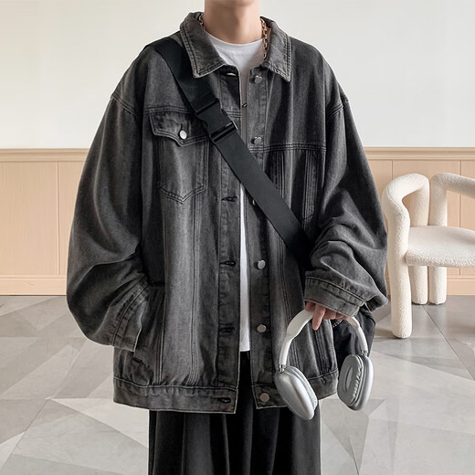 NEW OR MODE American retro high street denim jacket men's new spring and autumn youth trendy brand handsome high-end jacket top gray XL
