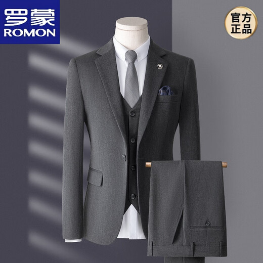 ROMON high-end suit men's three-piece Korean style slim business casual suit groom's wedding dress dark gray top + pants + vest shirt 2XL