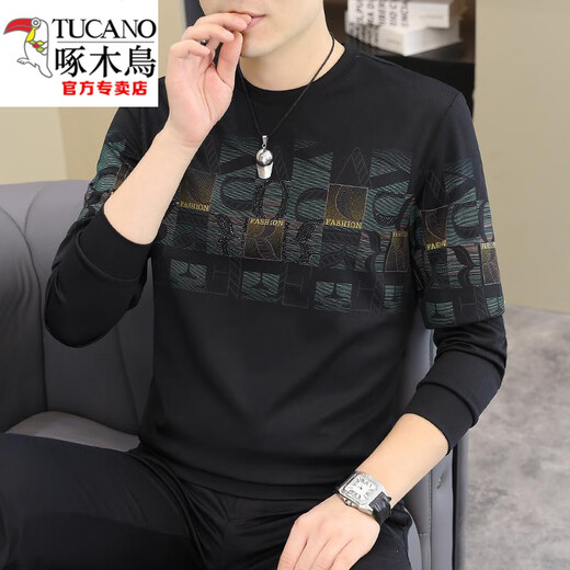啄木鸟（TUCANO）2025春秋新款男士欧货长袖T恤加肥加大码卫衣男装个性打底衫上衣 薄款 【春秋】6628卡其 2XL 150-165斤