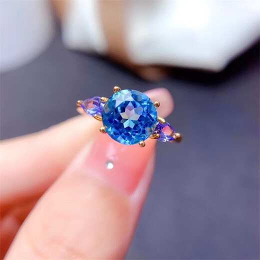 Miao Ying natural Swiss blue topaz ring for women 925 silver light luxury fashion niche sapphire ring for girlfriend natural gold topaz + tanzanite ring