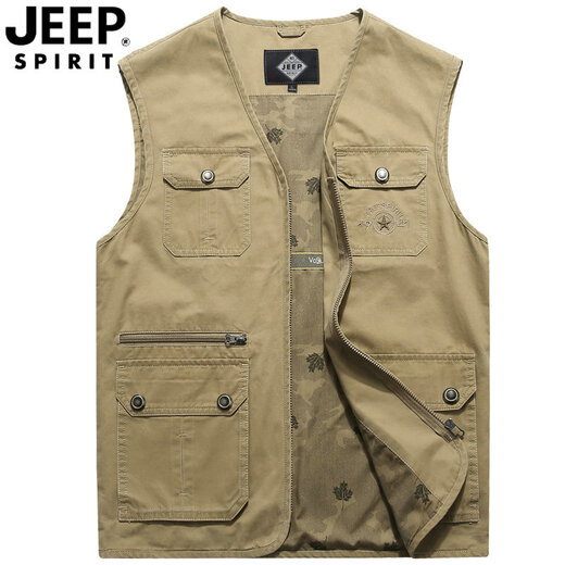 吉普（JEEP）春秋装马甲中年男背心外穿纯棉马夹男多口袋旅行钓鱼无袖外套坎肩 卡其色 M建议体重130左右