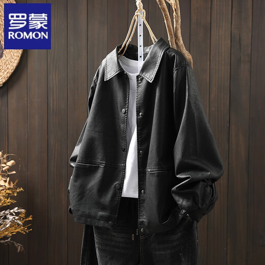 ROMON black leather jacket for women loose slimming spring and autumn new style lapel pu leather motorcycle jacket Hong Kong style jacket trendy black L recommended 125-135Jin Jin is equal to 0.5 kg