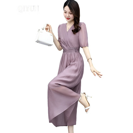 QIYUN品牌女装 新款天丝连衣裙女2024年新款夏季品牌高端欧货气质长裙 紫粉色 XL 【建议115-124斤】